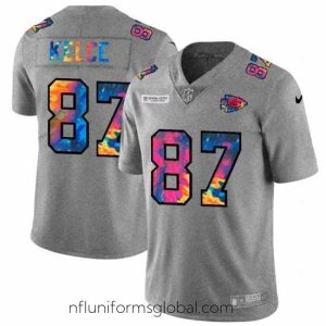 Exquisite Kansas City Chiefs 87 Travis Kelce Nike Multi Color 2020 NFL Crucial Catch NFL Jersey Greyheather