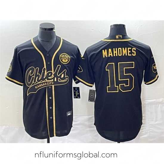 Exquisite Kansas City Chiefs 15 Patrick Mahomes Black Gold Cool Bae Stitched Baseball Jersey