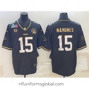 Gorgeous Kansas City Chiefs 15 Patrick Mahomes Black Gold Super Bowl LVII Patch And 4 Star C Patch Vapor Untouchable Limited Stitched Jersey