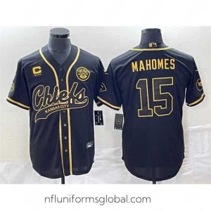 Enchanting Kansas City Chiefs 15 Patrick Mahomes Black Gold With 4 Star C Patch Cool Bae Stitched Baseball Jersey