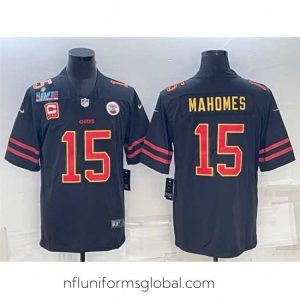 Divine Kansas City Chiefs 15 Patrick Mahomes Black Red Gold Super Bowl LVII Patch And 4 Star C Patch Vapor Untouchable Limited Stitched Jersey