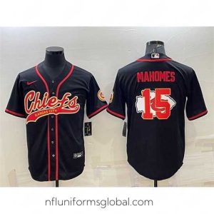 Irresistible Kansas City Chiefs 15 Patrick Mahomes Black Team Big Logo With Patch Cool Base Stitched Baseball Jersey