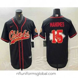 Exquisite Kansas City Chiefs 15 Patrick Mahomes Black Team Big Logo With Patch Cool Base Stitched Baseball Jersey