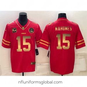 Exquisite Kansas City Chiefs 15 Patrick Mahomes Red Gold 4 Star C Patch Vapor Untouchable Limited Stitched Jersey