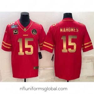 Captivating Kansas City Chiefs 15 Patrick Mahomes Red Gold Super Bowl LVII Patch And 4 Star C Patch Vapor Untouchable Limited Stitched Jersey
