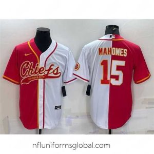 Stunning Kansas City Chiefs 15 Patrick Mahomes Red White Split With Patch Cool Base Stitched Baseball Jersey