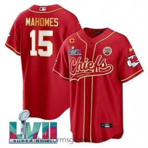 Exquisite Kansas City Chiefs 15 Patrick Mahomes Red With 4 Star C Patch And Super Bowl LVII Patch Cool Bae Stitched Baseball Jersey