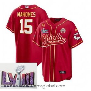 Sumptuous Kansas City Chiefs 15 Patrick Mahomes Red With 4 Star C Patch And Super Bowl LVIII Patch Cool Bae Stitched Baseball Jersey