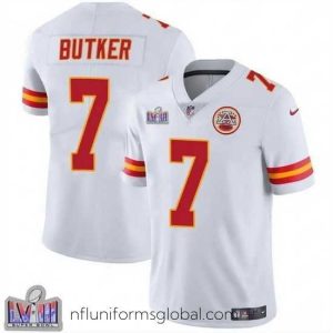 Stunning Kansas City Chiefs 7 Harrison Butker White Super Bowl LVIII Patch Vapor Untouchable Limited Stitched Football Jersey