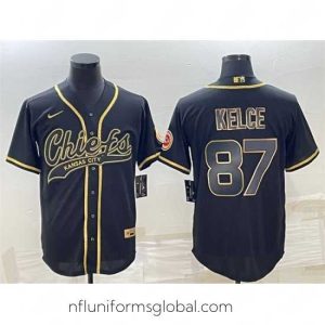 Exquisite Kansas City Chiefs 87 Travis Kelce Black Gold With Patch Cool Base Stitched Baseball Jersey