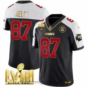 Gorgeous Kansas City Chiefs 87 Travis Kelce Black White 2024 F.U.S.E  Super Bowl LVIII Patch With NKH Patch Vapor Untouchable Limited Stitched Football Jersey