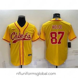 Stunning Kansas City Chiefs 87 Travis Kelce Gold With Patch Cool Base Stitched Baseball Jersey
