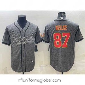 Stunning Kansas City Chiefs 87 Travis Kelce Grey With Patch Cool Base Stitched Baseball Jersey