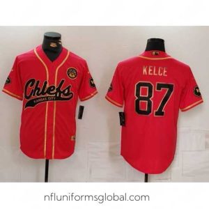 Gorgeous Kansas City Chiefs 87 Travis Kelce Red Gold Cool Base Stitched Baseball Jersey