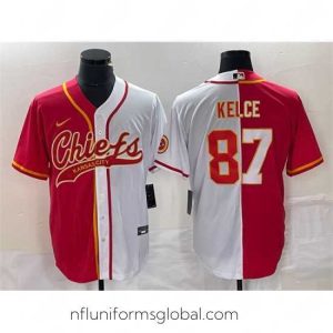 Exquisite Kansas City Chiefs 87 Travis Kelce Red White Split Cool Base Stitched Baseball Jersey