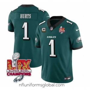 Divine Philadelphia Eagles 1 Jalen Hurts Green 2025 Eagles Logo Super Bowl LIX Patch With 4 Star C Patch New F.U.S.E  Vapor Untouchable Limited Stitched Footb