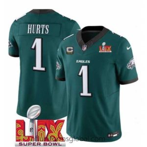 Stunning Philadelphia Eagles 1 Jalen Hurts Green 2025 Super Bowl LIX Patch With 3 Star C Patch New F.U.S.E  Vapor Untouchable Limited Stitched Football Jersey