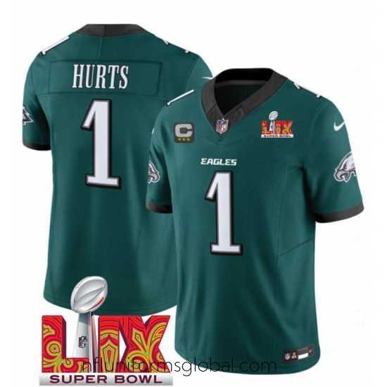 Stunning Philadelphia Eagles 1 Jalen Hurts Green 2025 Super Bowl LIX Patch With 3 Star C Patch New F.U.S.E Vapor Untouchable Limited Stitched Football Jersey