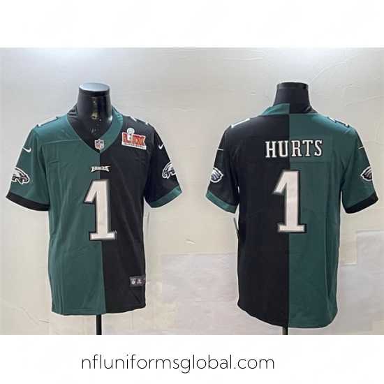Irresistible Philadelphia Eagles 1 Jalen Hurts Green 26 Black Split 2025 Super Bowl LIX Patch Vapor Untouchable Limited Stitched Football Jersey