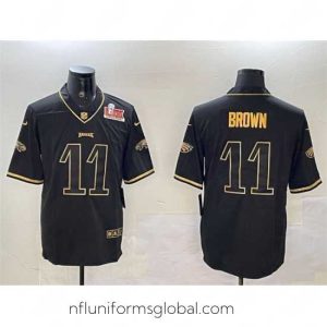 Enchanting Philadelphia Eagles 11 A  J  Brown Black Gold 2025 Super Bowl LIX Patch Salute To Service Vapor Untouchable Limited Stitched Football Jersey