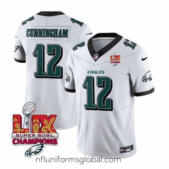 Divine Philadelphia Eagles 12 Randall Cunningham White 2025 Eagles Logo Super Bowl LIX Patch New F.U.S.E Vapor Limited Stitched Football Jersey
