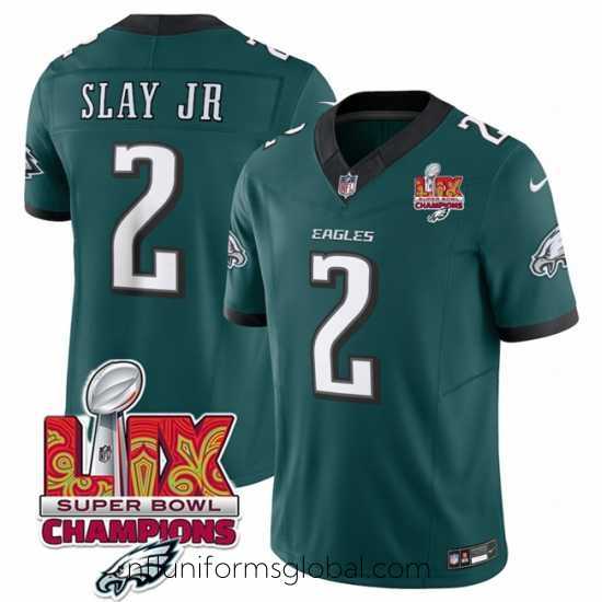 Captivating Philadelphia Eagles 2 Darius Slay JR Green 2025 Eagles Logo Super Bowl LIX Patch New F.U.S.E Vapor Limited Stitched Football Jersey