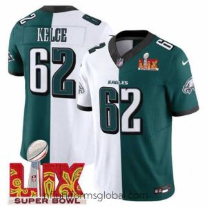 Ravishing Philadelphia Eagles 62 Jason Kelce White Green Split 2025 Super Bowl LIX Patch F.U.S.E  Vapor Untouchable Limited Stitched Football Jersey