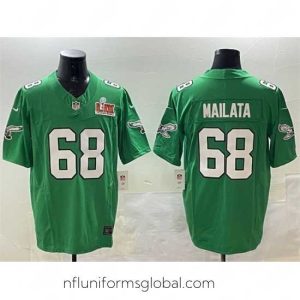 Stunning Philadelphia Eagles 68 Jordan Mailata Green 2025 Super Bowl LIX Patch F.U.S.E  Throwback Vapor Untouchable Limited Stitched Football Jersey