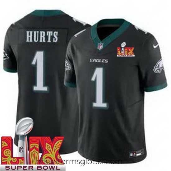 Irresistible Philadelphia Eagles Jalen Hurts #1 Black 2024 2025 Super Bowl LIX F.U.S.E Stitched NFL Jersey
