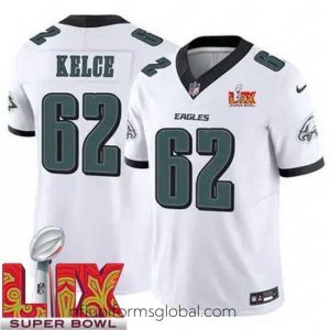 Divine Philadelphia Eagles Jason Kelce #62 White 2024 2025 Super Bowl LIX F.U.S.E Stitched NFL Jersey