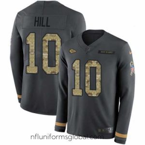 Stunning Nike Chiefs #10 Tyreek Hill Anthracite Salute to Service Long Sleeve Jersey