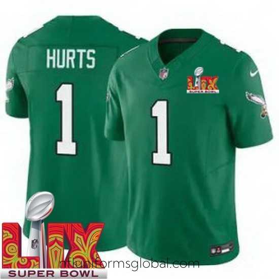 Gorgeous Philadelphia Eagles Jalen Hurts #1 Kelly Green 2024 2025 Super Bowl LIX F.U.S.E Stitched NFL Jersey